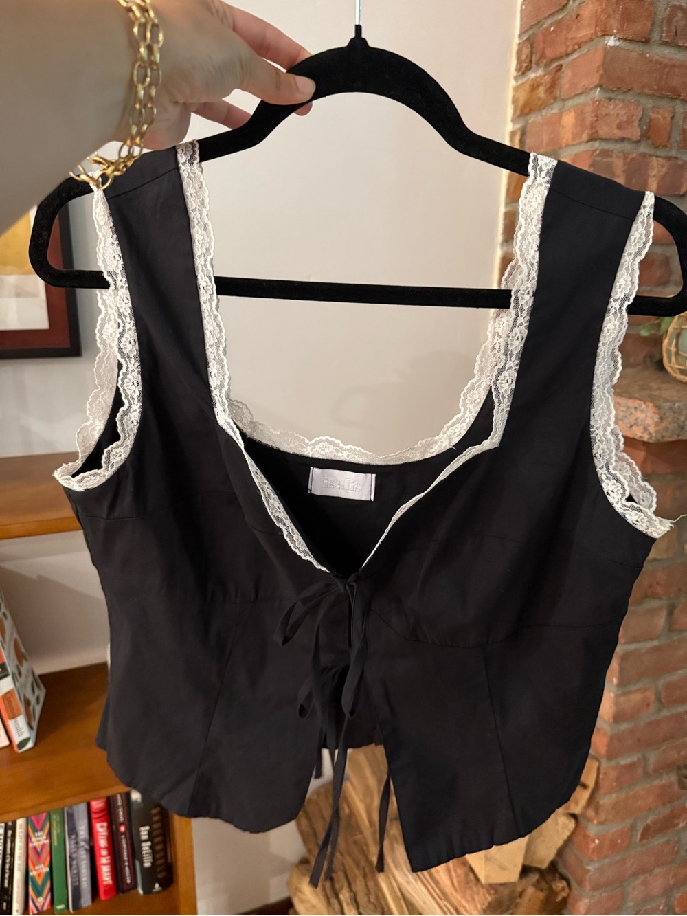 Women's Black Lace-Trim Tie Crop Top
